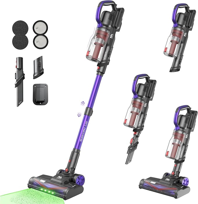 AlloyMove Cordless Vacuum Cleaner 45KPA, Up to 60mins Runtime Lightweight Powerful Suction Vacuum Cleaners for Home, 3 Suction Modes, Rechargeable Stick Vacuum for All Floor/Carpet/Pet Hair/Car, A03
