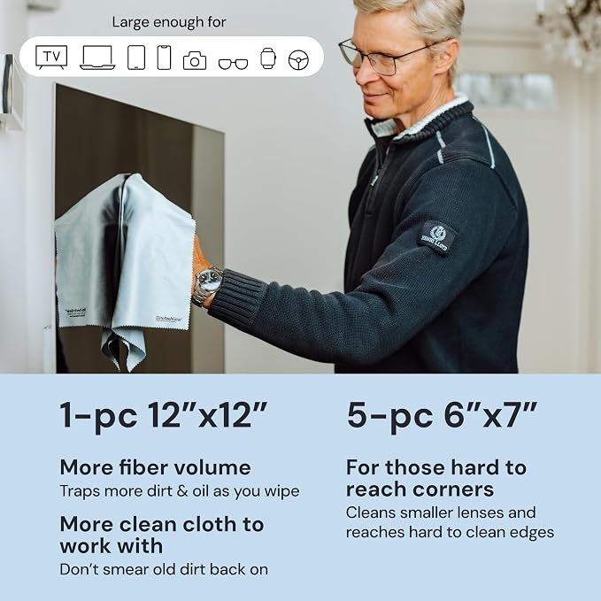 Elite Tech Gear Microfiber Cleaning Cloths for Glasses & Screens, 6-Pack | Blue - 5-pc 6"x7" and 1-pc 12"x12" - Streak-free - Safe for Delicate Lenses - Clean TVs, Phones, DSLR & Coated Lenses
