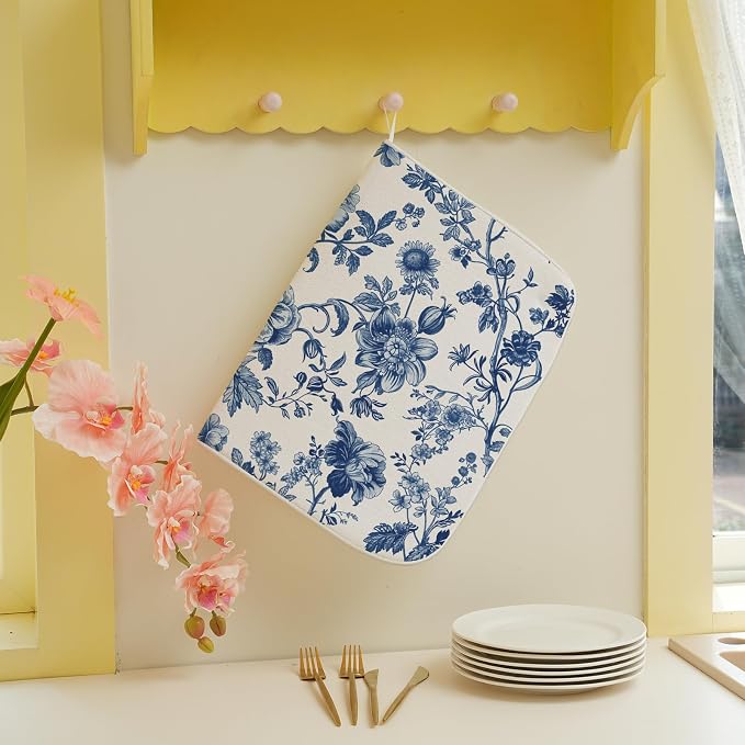 Vintage Blue Dish Drying Mat 18x24 Inch Chinoiserie Navy Blue Floral Drying Mat Flower Spring Summer Seasonal Absorbent Dish Drying Pad Dish Rack Drainer Mats for Kitchen Dining Counter
