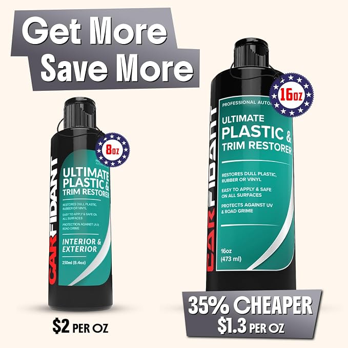 Carfidant Plastic Restorer for Cars – Refreshes Faded Plastic, Vinyl & Rubber Trim with Polish for Deep Shine – Protects Against UV & Dirt – Black Exterior & Interior Care for Detailing - 16 fl. Oz.