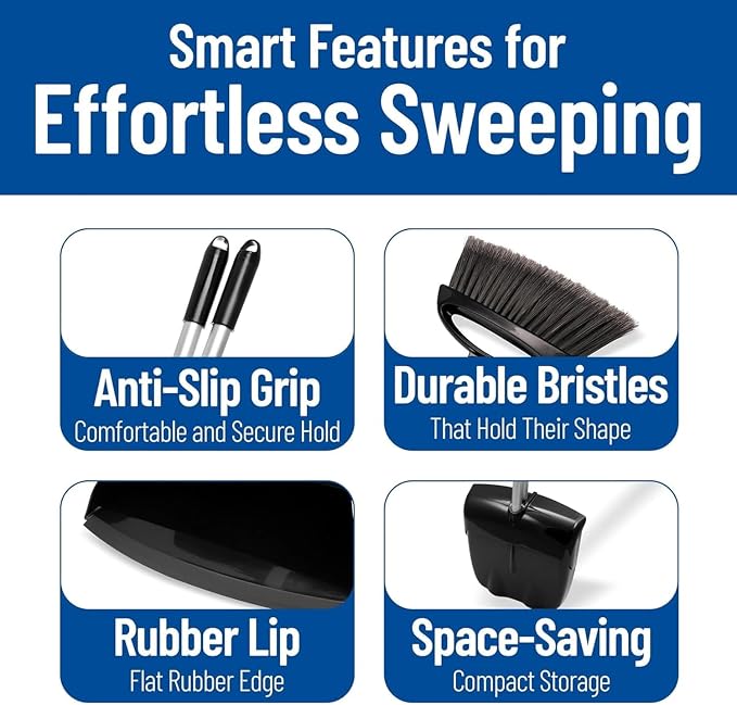 Carlisle FoodService Products Broom with Dustpan Combo Set – DuraPan, Adjustable Broom and Dustpan Set, Lightweight Metal and Plastic Design, 36", 4 Pack, Black