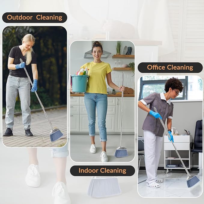 VOOWO Broom with Dustpan Combo Set, 46" Stainless Steel Broom and Dustpan Set for Home, Heavy Duty Dust Pan with Long Handle, Broom for Sweeping Indoor and Outdoor, Kitchen Broom and Dust Pan (Grey)