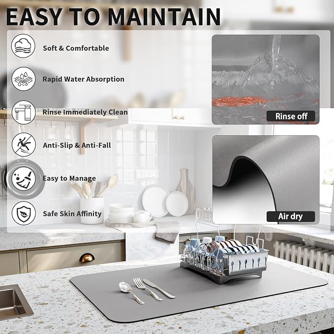 HotLive Dish Drying Mat for Kitchen Counter, Heat Resistant Drainer Mats with Non-slip Rubber Backed, Hide Stain Kitchen Super Absorbent Draining Mat, Easy to Clean Dish Rack Pad, Grey 18"x32"