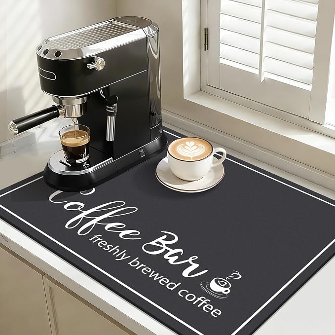 Findosom Dish Drying Mat, 18" x 24" Super Absorbent & Hide Stain Coffee Mat, Cuttable Drying Mat for Kitchen Counter, Coffee Bar Accessories, Under Dish Rack, Coffee Maker, Espresso Machine, Black