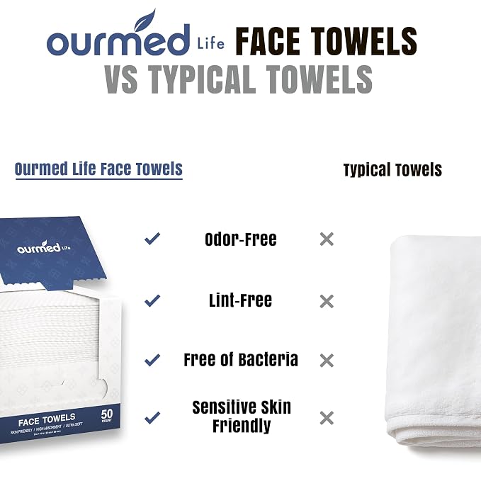 Ourmed Life Face Towels, 11"×9" Disposable Face Towel – Ultra-Soft, Thickened Facial Towelettes, Lint-Free Dry Wipes for Sensitive Skin, Ideal for Makeup Removal & Skincare (50 Count, 1 Pack)