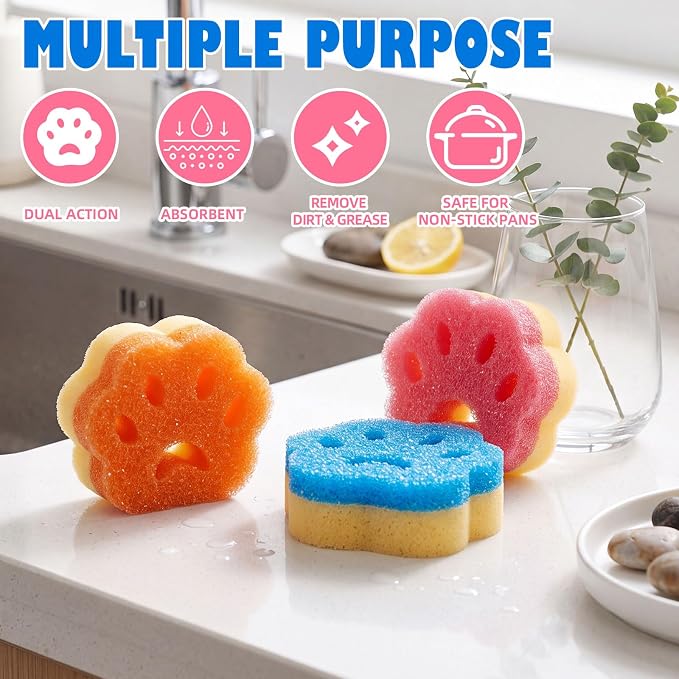 FillTouch 3 Pcs Dual Sided Scrub Sponge Multi Functional Cute Temperature Sensitive Non Scratch Dish Sponge for Washing Dishes Kitchen Bathroom (Cat Paw,Pink, Orange, Blue)