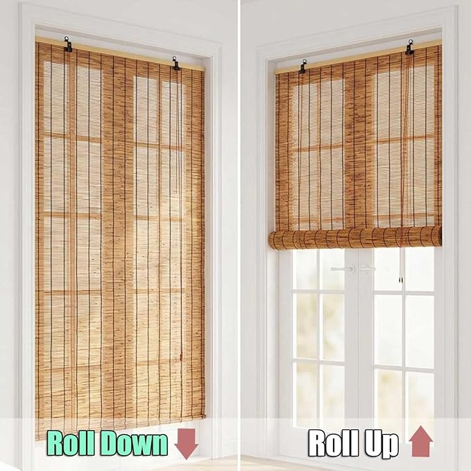 Bamboo Blinds and Roller Shades for Indoor Windows Cordless Natural Light Filtering Roll Up Roman Shades for Outdoor Patio Porch Pergola, Easy Install Privacy Screen Window Blinds(16" W x 64" H)