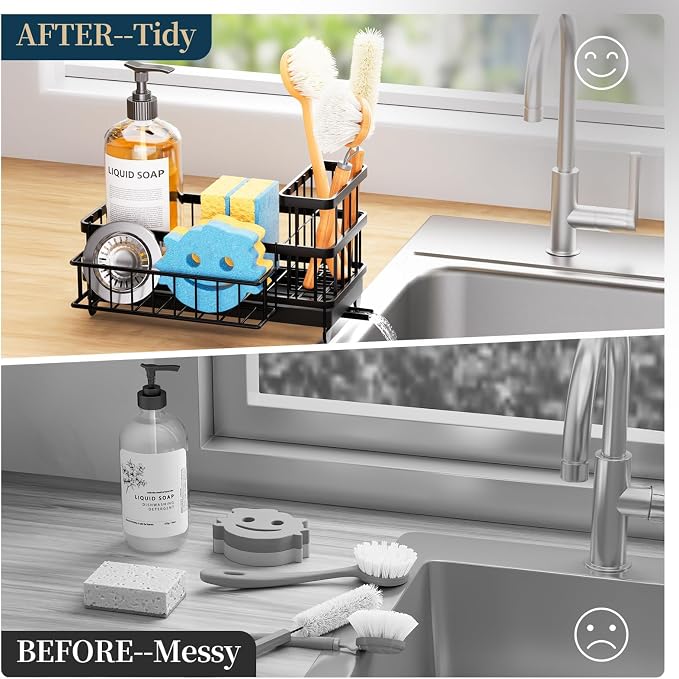 Consumest Sponge Holder for Kitchen Sink - Auto Draining Sink Caddy Organizer with Detachable Rack, High Brush Holder, Kitchen Countertop Storage Accessories, Black