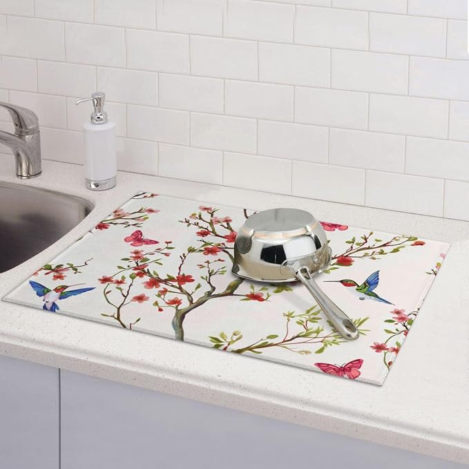 Hummingbird Butterfly Dish Drying Mat For Kitchen Counter, Super Absorbent Microfiber Dish Drying Pad, Kitchen Gadgets For Easy Clean Multi-Use Large 18"x24"