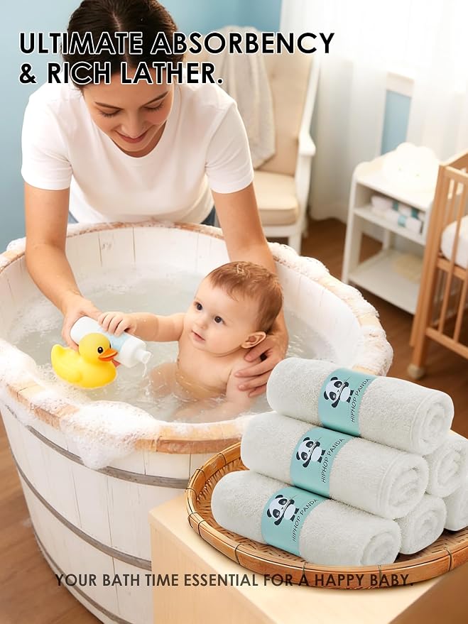 HIPHOP PANDA Baby Washcloths, Rayon Made from Bamboo - 2 Layer Ultra Soft Absorbent Newborn Bath Face Towel - Reusable Baby Wipes for Delicate Skin - Ivory, 6 Pack