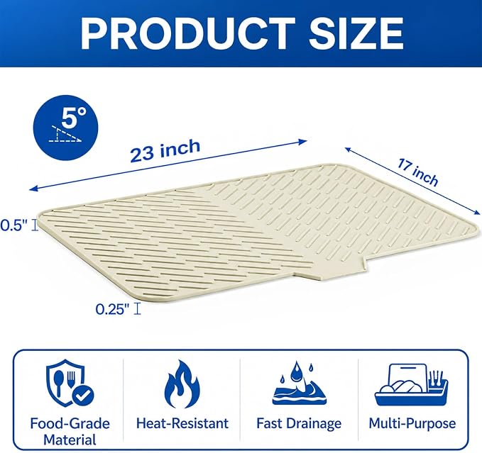Large Silicone Dish Drying Mat – 23"x17" Sloped Sink Draining Tray with Sponge Holder for Kitchen Counter, Angled Surface for Water Drainage, Silicone Rack Mat with Drain Lip(Beige)