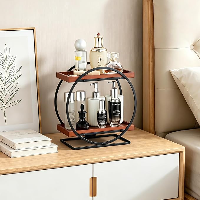 2-Tier Bathroom Counter Organizer, Wooden Perfume Organizer for Dresser, Bamboo Countertop Trays for Skincare Makeup Vanity Shelf, Organizers and Storage for Bathroom Kitchen, Black & Brown