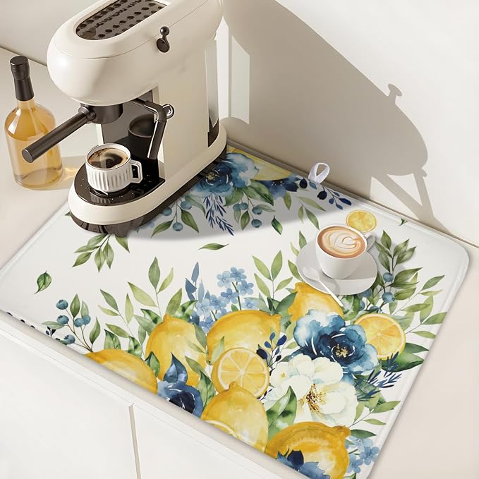 Blue Floral Camellia Lemon Dish Drying Mat 18x24 Inch | Polyester，Absorbent Microfiber，for Kitchen Coffee Dining Bar Decor