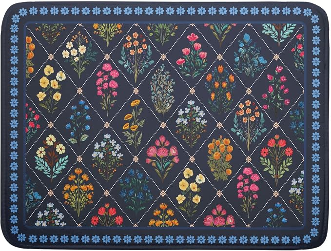 Lapis Blue Dish Drying Mat for Kitchen Counter Flowers Microfiber Absorbent Dish Draining Reusable Washable Large