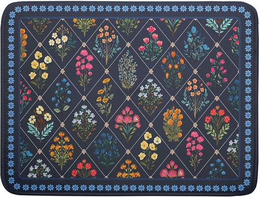 Lapis Blue Dish Drying Mat for Kitchen Counter Flowers Microfiber Absorbent Dish Draining Reusable Washable Large