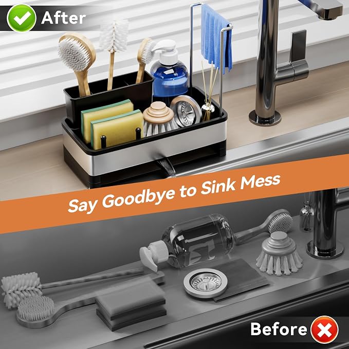 Laveshop Sponge Holder for Kitchen Sink, Rustproof Stainless Steel Sink Caddy with Auto-Drain, Removable Brush Holders, Soap and Dishcloth Organizer, Black