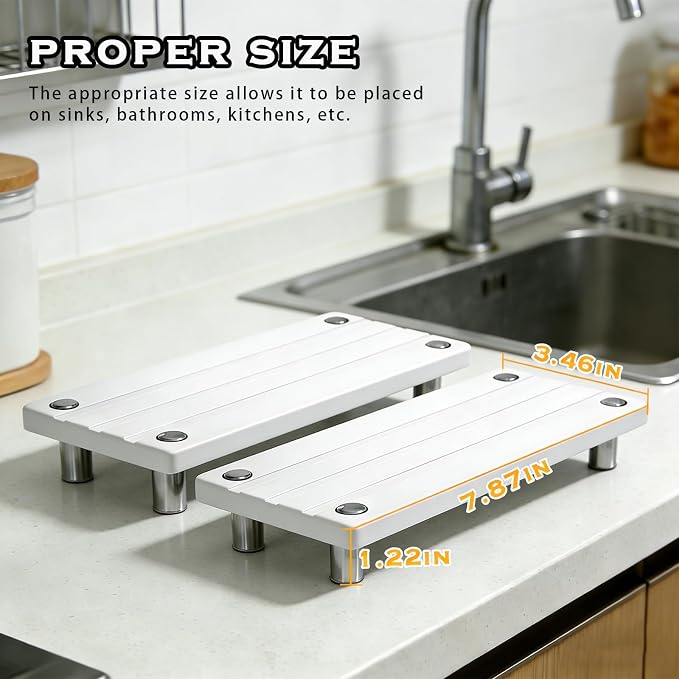 2PCS Instant Dry Sink Caddy for Bathroom Counter, Durable Kitchen Sink Organizer, Diatomite Stone Drying Tray, Upgrade Water Absorbing Stone Tray for Sink, Anti-Slip Stone Soap Tray -White