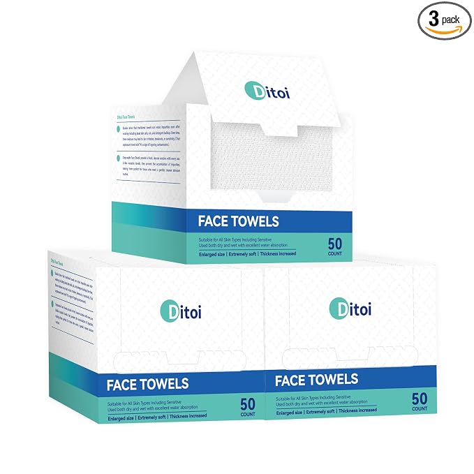 Ditoi Disposable Face Towels XXL, Soft Deep-Cleansing Face cloths,150 Count | Plant-Based Thick Facial Towels for Sensitive Skin,Disposable Washcloths for Skincare,Travel Essentials