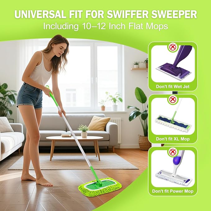 6 Pack Reusable Mop Pads Compatible with Swiffer Sweeper, Dry Sweeping Cloths & Wet Mopping Cloths - Microfiber Mop Pads for Hardwood Floors, Floor Cleaning, Wood Floors (Fluorescent Green)