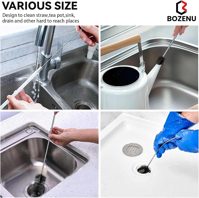 Flexible Drain Brush, 66 Inch Long Double Ended Hose Pipe Cleaners and 58 Inch Tube Cleaning Brush and 2 Pack 8 Inch Straw Cleaner Brush