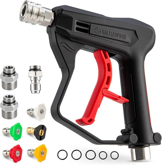 Short Pressure Washer Gun with 1/4" QC,with 5 Spray Nozzle Tips | 4350 PSI High Pressure Washer Gun,3/8'' Male Plug and M22-14/15mm Fittings, Power Washer Gun Compatible with Foam Cannon