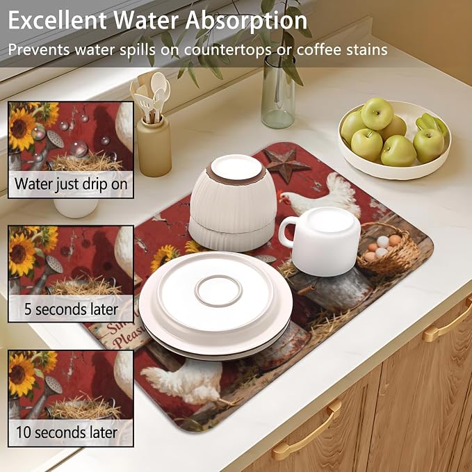 Dish Drying Mat 2-Pack in Rooster Country for Kitchen Counter Dishes Mat | Diatom Mud Mats (18x24, 19.5x12"). Non-slip rubber back for kitchen counter, coffee bar & sink scenes
