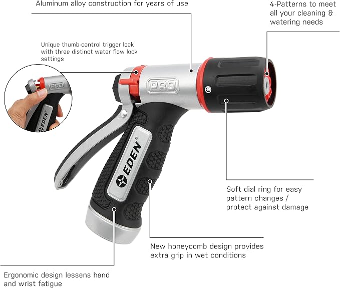 Eden PRO 94844 Metal Rear-Trigger 4-Pattern Turbo Nozzle | Heavy-Duty Hose Sprayer for Garden, Lawn, Plants, Outdoor Cleaning, Durable Aluminum Core, Quick Connect Set Bundle