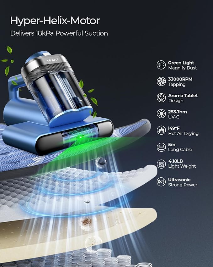 Teant Bed Mattress Vacuum, 18 kPa & Green Light Dust Detection, MV-Grey | 2-Speed Bed Vacuum Cleaner with 253.7nm UV-C & Ultrasonic, LED Display, 149℉ Heat, HEPA, Aroma & Anion for Bed Sofa Pet Hair