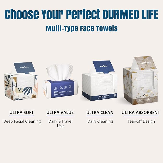 Ourmed Life Face Towels, Disposable Biodegradable Facial Towels for Sensitive Skin, Lint- free Face Wipes for Washing Face, Skincare and Makeup Remover, Dry Wipes, 10"×12" Extra Large, 25 Count