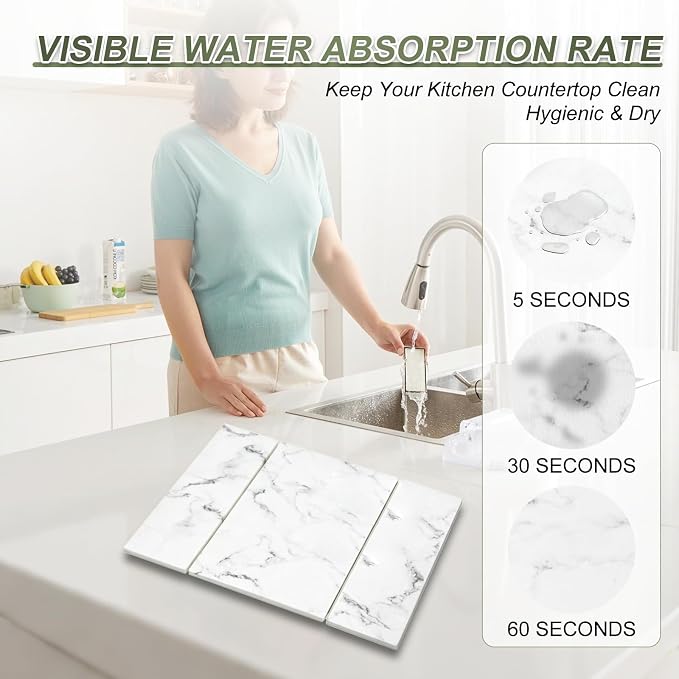 Dish Drying Mat Large Stone Dish Drying Mat For Kitchen Counter Collapsible Quick-Drying Sleek Diatomaceous Versatile Stone Drying Mats For Cups Dishes Bottles Marble (white, 16"×19")