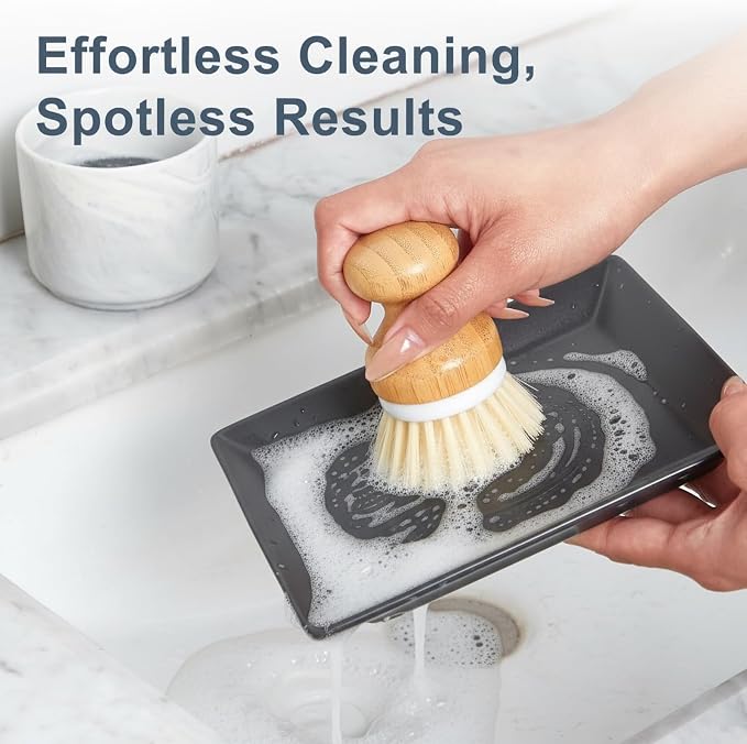 ONEMORE Bamboo Dish Brush with Ceramic Foaming Base, Kitchen Sink Scrub Brush Set with Spring and Mesh Insert, Wooden Handle Dishwashing Brush for Pots Pans Plates Bowls, Marble