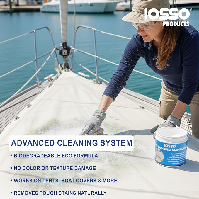Iosso Mold & Mildew Stain Remover - Fast-Acting Mold and Mildew Remover for Boat Seats, Awnings, Tents, Covers | Color & Fabric Safe Non-Chlorine Concentrate Upholstery Cleaner Makes 3 Gallons
