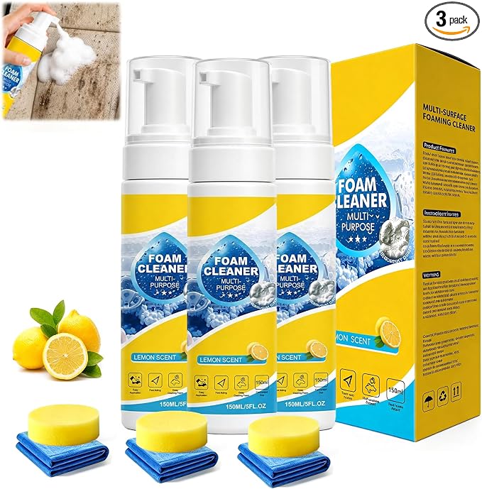 4-in-1 Foam Cleaner, All-Purpose Deep Cleaning Spray | Foam Cleaner All Purpose for Car Interior, Kitchen, Bathroom, Sofa, Removes Grease & Stains (3Pcs)