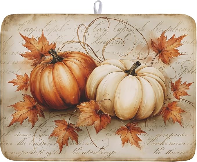 Fall Pumpkin Dish Drying Mat 18”x24”Vintage Autumn Drying Mat for Kitchen Counter Absorbent Maple Leaf Fall Thanksgiving Farmhouse Dishes Pad Drainer Mat Countertop Protector for Kitchen Fast Dry