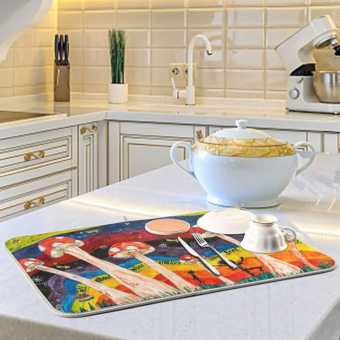 Absorbent Dish Drying Mat for Kitchen Counter - Cute Little Mushroom Microfiber Drying Pad, Reversible Drainer Mats for Countertop, Small 16 x 18 inch