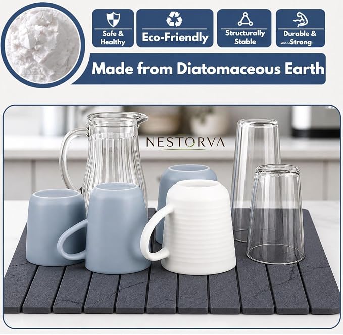 Dish Drying Mat, Large Stone Dish Drying Mat for Kitchen Counter 24" x 16", Foldable Diatomite Drying Stone Counter Mat with Non-Slip Base, Foldable Quick Dry Dish Drying Mats【Gray】