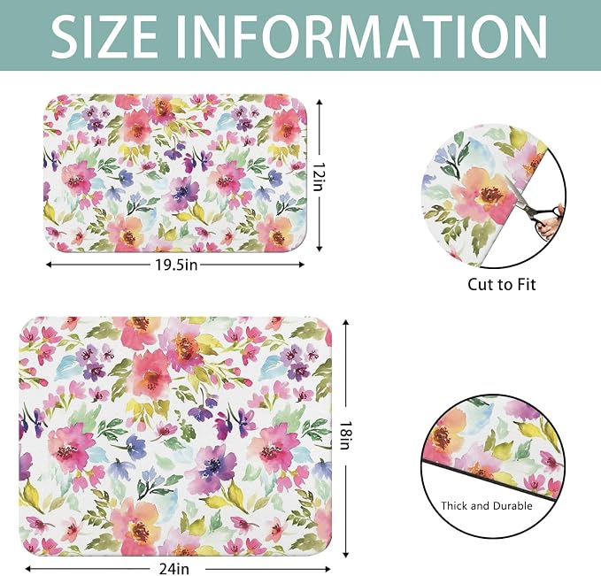 Dish Drying Mat 2-Pack in Watercolor Floral for Kitchen Counter Dishes Mat | Diatom Mud Mats (18x24, 19.5x12"). Non-slip rubber back for kitchen counter, coffee bar & sink scenes