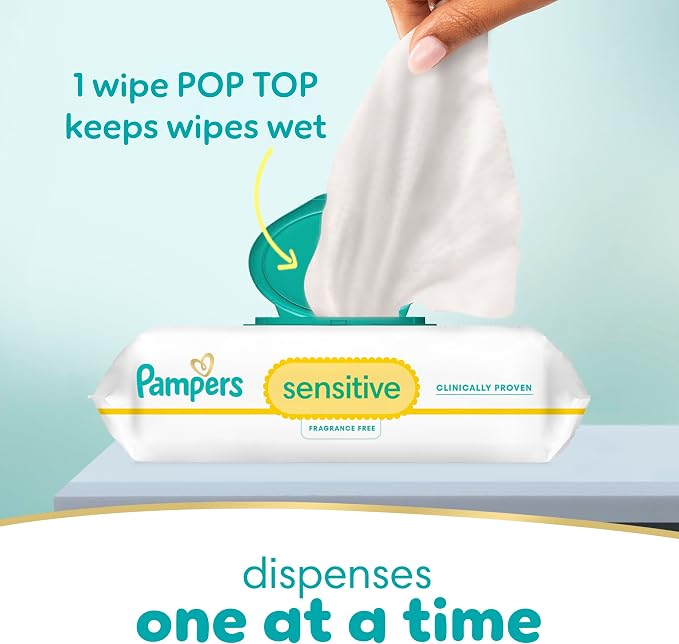 Pampers Sensitive Baby Wipes, Clinically Proven, Fragrance Free, Unscented, Water Based, Hypoallergenic, Multi-Use, Hand Wipes 336 Wipes Total (6X Flip-Top Packs) [Packaging May Vary]