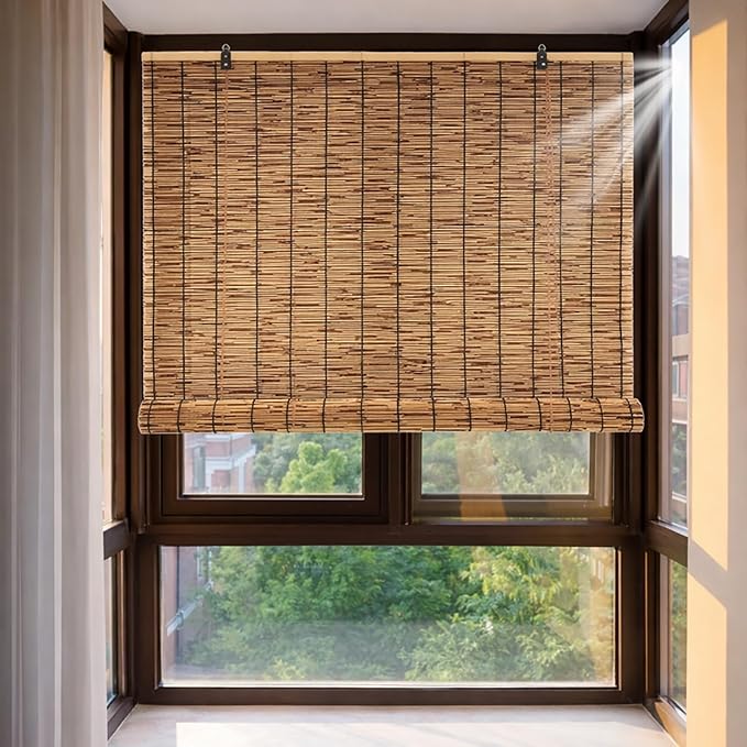 Bamboo Roman Shades for Windows, Roll Up Blinds for Indoor & Outdoor Patio, Natural Reed Light Filtering Sun Shade for Porch, Matchstick Window Treatments, 36 46 60 96 H(Brown,42" W x 60" H)