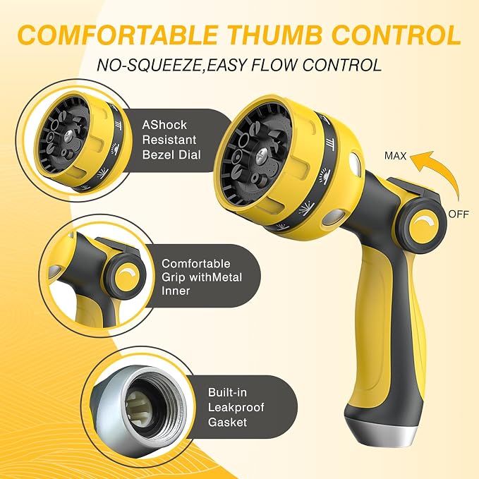 Garden Hose Nozzle, Heavy Duty Water Hose High Pressure Sprayer with 10 Watering Patterns, Thumb Control On Off Valve, for Watering outdoor Plants & Lawn, Car & Pet Washing（Yellow）
