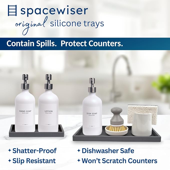 Spacewiser Countertop and Vanity Tray - 2 PC (11” and 7”) Shatterproof Silicone Kitchen and Bathroom Trays for Counter, Kitchen Soap Dispenser Tray, Vanity Trays for Bathroom, Perfume Key Tray