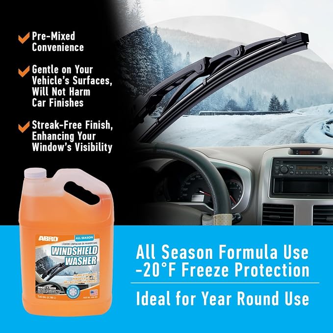 ABRO Windshield Washer Fluid 1 Gallon, Streak-Free Bug Remover | Ready-to-use fluid cuts bug splatter, dirt and road grime for clear, streak-free glass; safe for wipers and paint