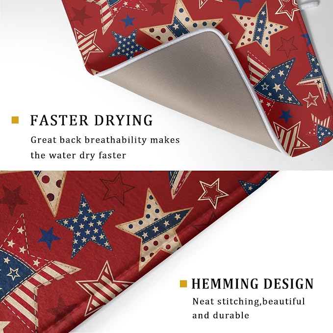 4th of July Dish Drying Mat for Kitchen Counter Patriotic Red Absorbent Dishes Dryer Pad 18 x 24 in