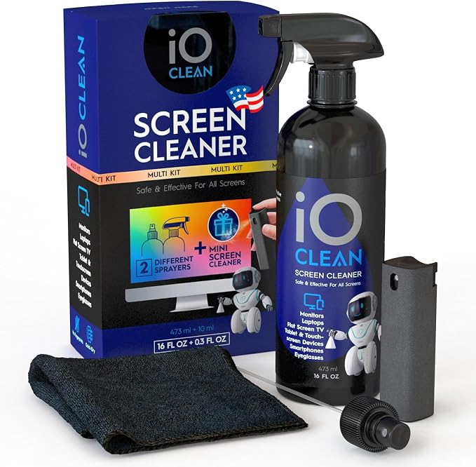 Screen Cleaner Spray (16oz + mini Cleaner) – Best Large Cleaning Kit for | LCD LED OLED TV, Smartphone, iPad, Laptop, Touchscreen, Computer Monitor, Electronic Devices, Microfiber Cloth and 2 Nozzles