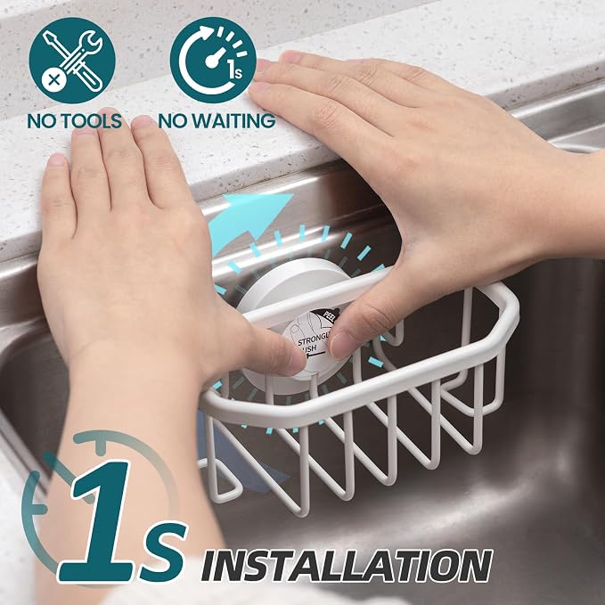 TAILI Sink Caddy with Strong Suction Cup, Sponge Holder for Kitchen Sink Organizer, Removable Sponge Caddy Inside Sink, Rustproof Aluminum Holder for Sponges, Brushes - White