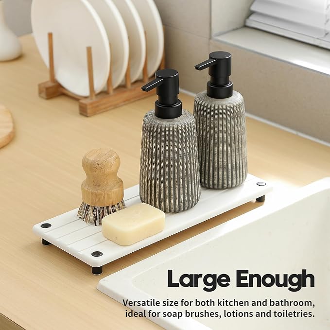 Razborci Instant Dry Sink Caddy Kitchen Sink Organizer, Quick Drying Stone Tray Diatomite Sponge Holder Soap Dish, Bathroom Countertop Fast Dry Water Absorbing Vanity Rack, White, 12" x 5"