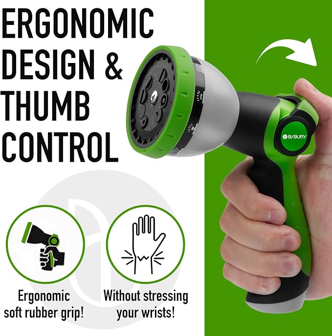 BIBURY Water Hose Nozzle Sprayer, Hand Sprayer with 10 Watering Patterns and On Off Valve Thumb Control, High Pressure Garden Hose Spray Nozzle for Watering Plants, Car Wash and Showering Pets (Green)