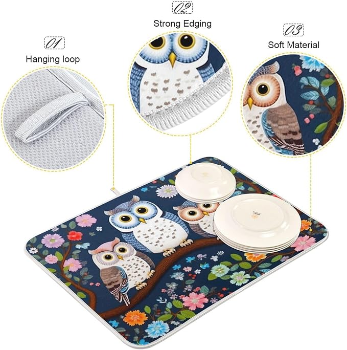 Dish Drying Mat Kitchen Counter Absorbent Three Owls Coffee Sink Mat Dish Drainer Pad 18 Inch x 24 Inch
