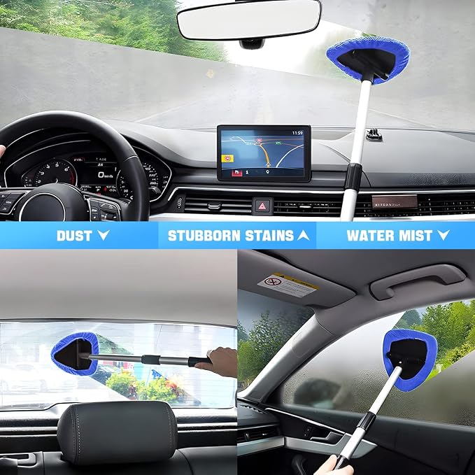 Extendable Car Windshield Cleaning Tool with Microfiber Pads, Blue | reusable glass-wiper design, interior and exterior window use, fits most cars, SUVs, and trucks, automotive cleaning tools