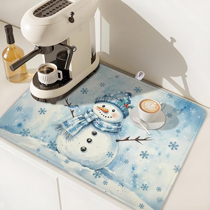 Winter Snowman Dish Drying Mat for Kitchen Counter 18x24 Inch | Blue Christmas Snowflake Snow Scene Dish Drainer Mat Rustic Seasonal Holiday Absorbent Washable Drying Pad